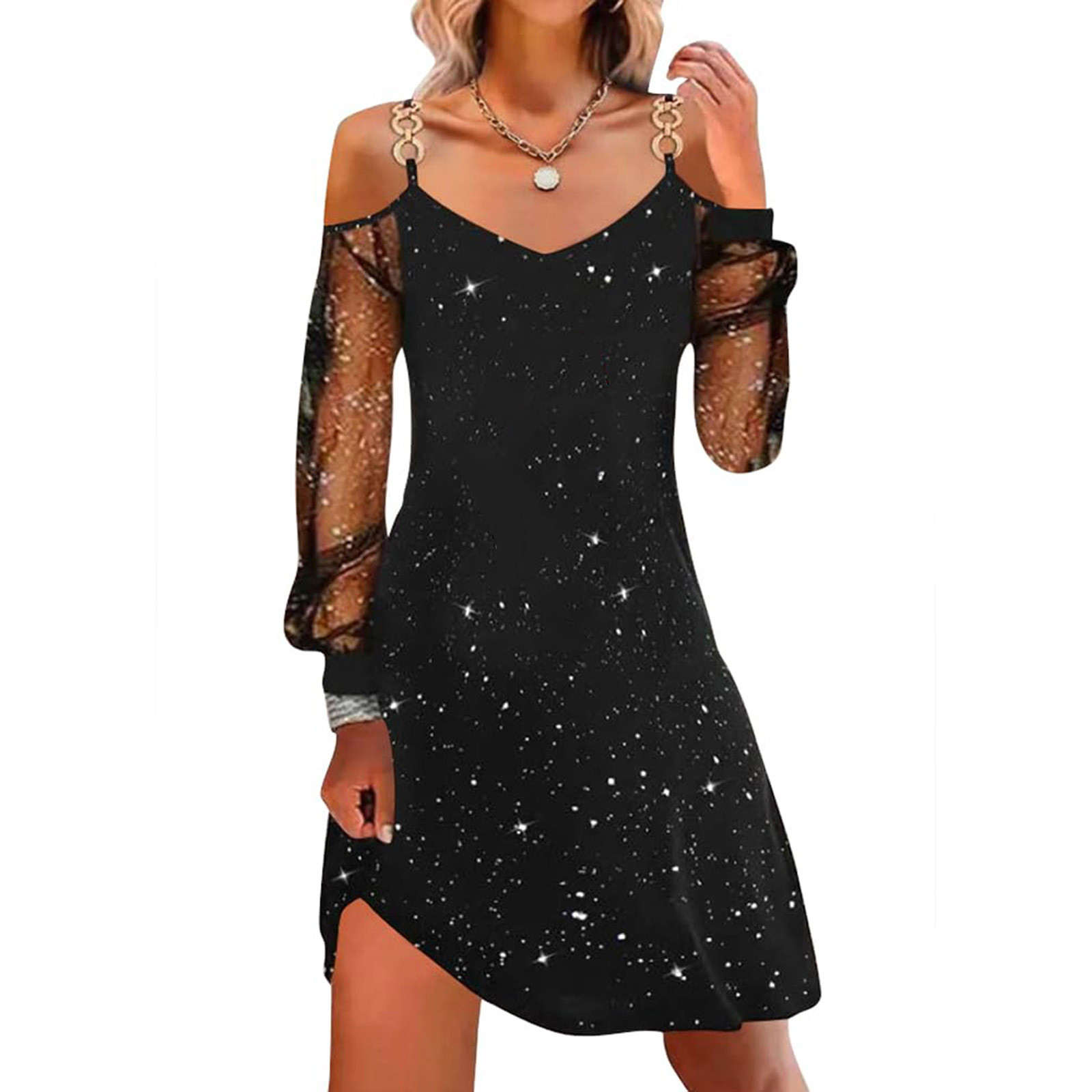 thumbnail image 3 of Vestido de manga larga de malla de color liso para mujer para Navidad: estampado festivo, cuello en V, ropa informal para fiestas, 3 of 5
